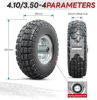 4 PCS 10” Solid Tires, 4.10/3.50-4” Flat Free Tires and Wheels with 5/8” Axle Bore Hole and Double Sealed Bearings Compatible with Hand Truck Wheelbarrow Tire Lawn Mower Tire (Silver) P-092