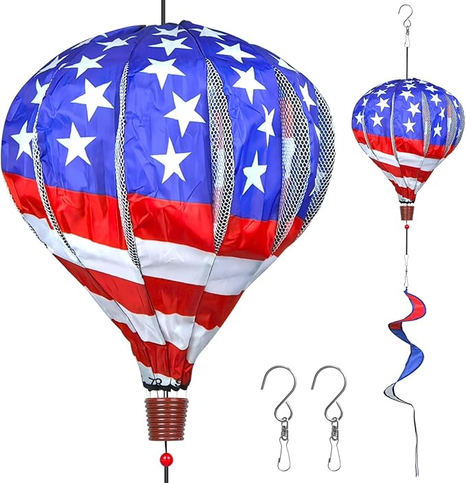 2PCS Giant Patriotic Hot Air Balloon Wind Spinners 14" W x 59" H Large American Whirligig Wind Spinner Hanging Ornaments for Memorial Day July of 4th Yard Garden Lawn Outdoor Decorations