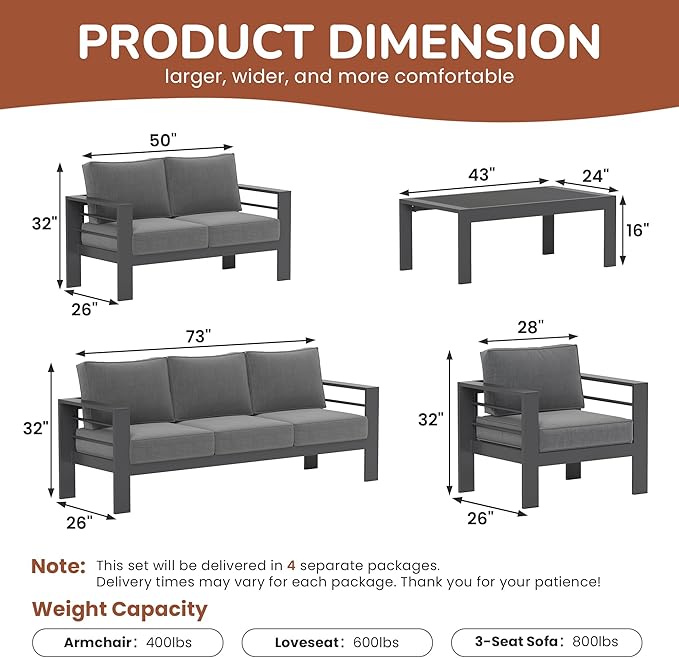 Solaste Aluminum Patio Furniture Set for All Weather, Oversized Metal Outdoor Furniture Set with 27.5" Deep Seating and 3.2" Wide Armrest, Outdoor Patio Conversation Sets with 5" Cushion, Dark Grey