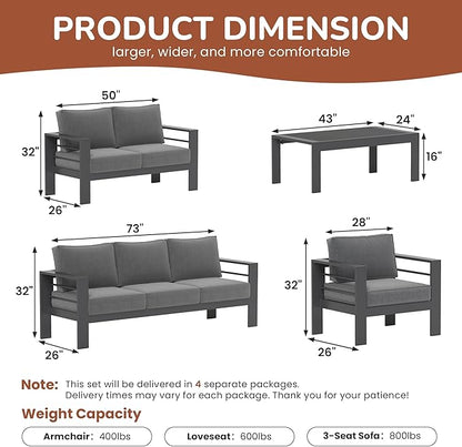 Solaste Aluminum Patio Furniture Set for All Weather, Oversized Metal Outdoor Furniture Set with 27.5" Deep Seating and 3.2" Wide Armrest, Outdoor Patio Conversation Sets with 5" Cushion, Dark Grey