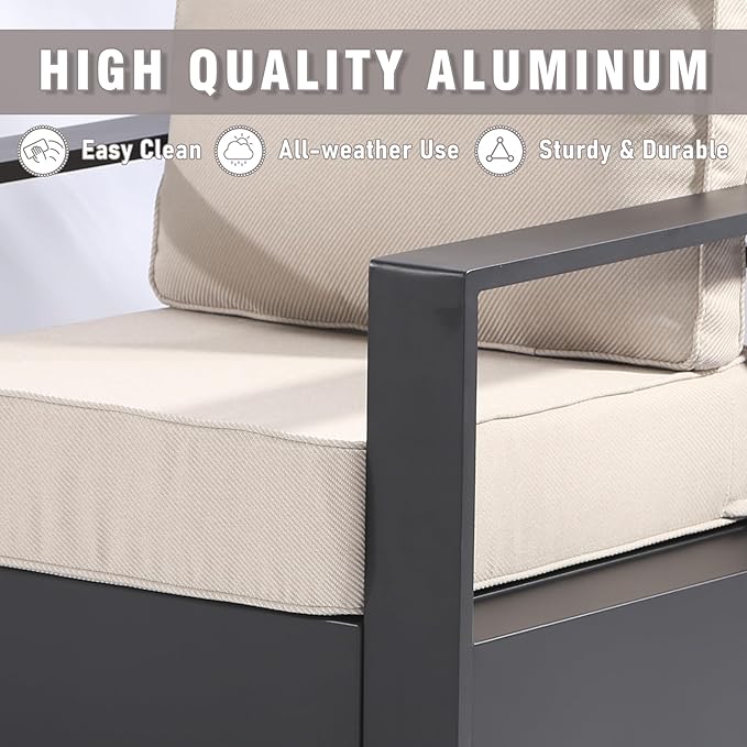 Aluminum Patio Sofa - 3-Seater Outdoor Sofa with 6" Thick Water-insistant Cushions, All-Weather Use Frame, Removable Cover, Ideal for Garden, Poolside (Beige)
