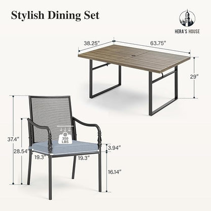 HERA'S HOUSE Metal Patio Table and Chairs Set, 7 Piece Outdoor Dining Set, 6 x Cushioned Chairs with 64" Rectangular Wood-Like Table for Backyard Garden Lawn Restaurant