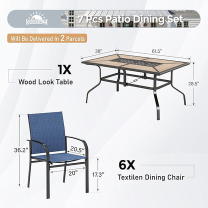 7 Pcs Patio Dining Set for 6, Metal Rectangular Dining Table (PVC Table Top) with Umbrella Hole and 6 Chairs, Outdoor Dining Set for Lawn Garden Deck, Blue