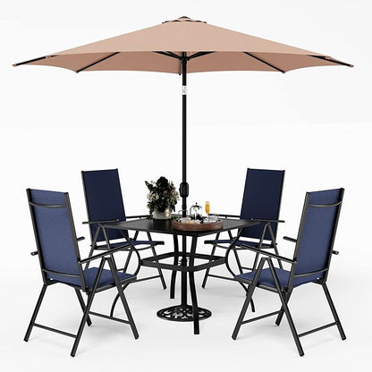PHI VILLA Outdoor Patio Dining Set for 4 with Umbrella (Beige), Patio Table and Chairs with Adjustable Patio Folding Chairs Blue for Yard and Garden