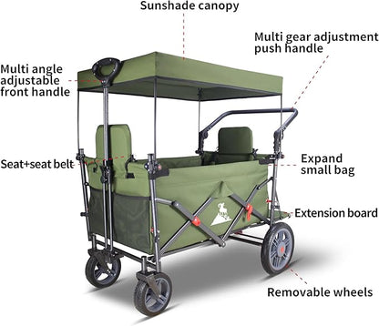 Collapsible Foldable Wagon Cart with Quick-Release Wheels & 2 Seats - Heavy-Duty Utility Folding Wagon 265LBS Capacity for Camping, Garden, Shopping (Green)