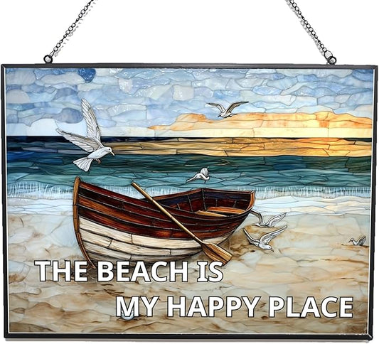 Rectangle The Beach is My Happy Place Stained Glass Suncatcher Window Hanging, Gothic Dragon Christmas Ornaments for Fiction Lovers, Dinosaur Room Decor for Nursery New Home Gifts