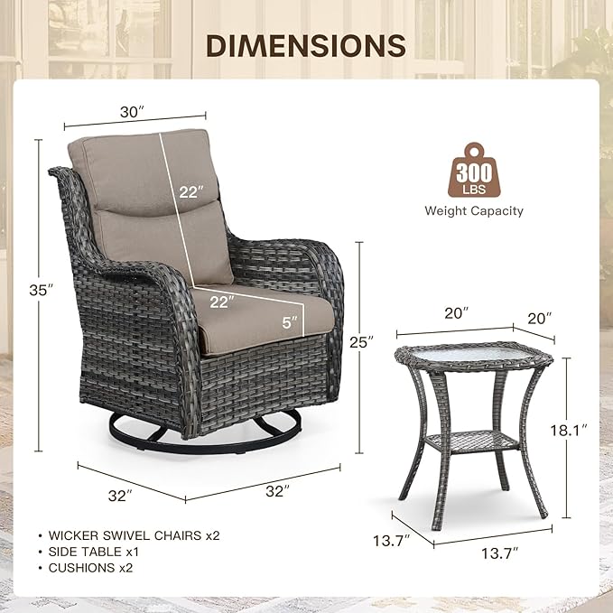 Patio Swivel Chairs with Smile-Shaped Cushions, 3 Piece High Back Patio Swivel Glider Chairs with Side Table 3PCS PE Rattan Luxury Swivel Patio Chair Set | Grey Wicker - Grey Cushions