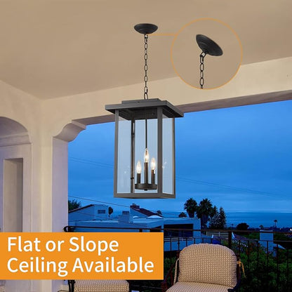 Outdoor Pendant Light Exterior Hanging Lantern, Large Outdoor Hanging Porch Light, Matte Black Finish with Clear Glass, 3 Light Outdoor Chandelier