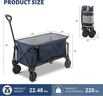Collapsible Folding Wagon Cart, 220LBS Heavy Duty Foldable Utility Garden Cart with All Terrain Wheels & Side Storage Bag, Portable Sports Wagon for Camping, Shopping, Garden.(Blue)