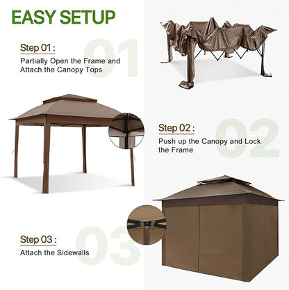 COOS BAY 11x11 Pop-up Instant Gazebo Tent with 4 Sidewalls Outdoor Canopy Shelter with Carry Bag, Stakes and Ropes, Brown