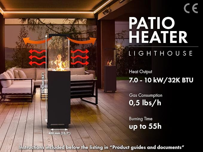 Planika Lighthouse - Patio Heater Outdoor Fireplace for Patio Fueled with Propane Gas 20 lbs cylider - Cover and Regulator Included