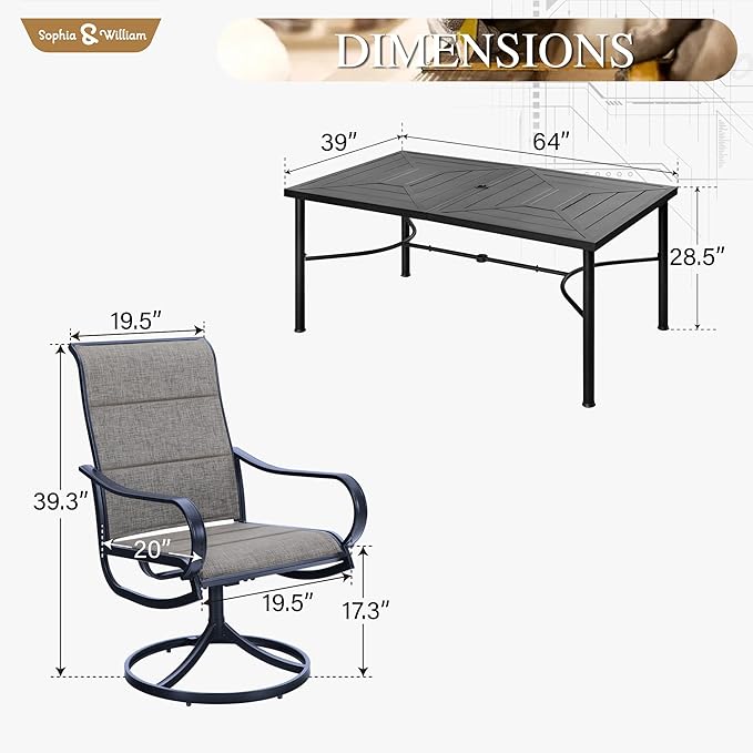 Sophia & William Patio Dining Set 7 Pieces, 6 x Swivel Patio Dining Chairs Qucik Dry, Large 64" Metal Dining Table, for Patio Garden Backyard Support 300lbs