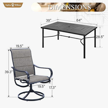 Sophia & William Patio Dining Set 7 Pieces, 6 x Swivel Patio Dining Chairs Qucik Dry, Large 64" Metal Dining Table, for Patio Garden Backyard Support 300lbs