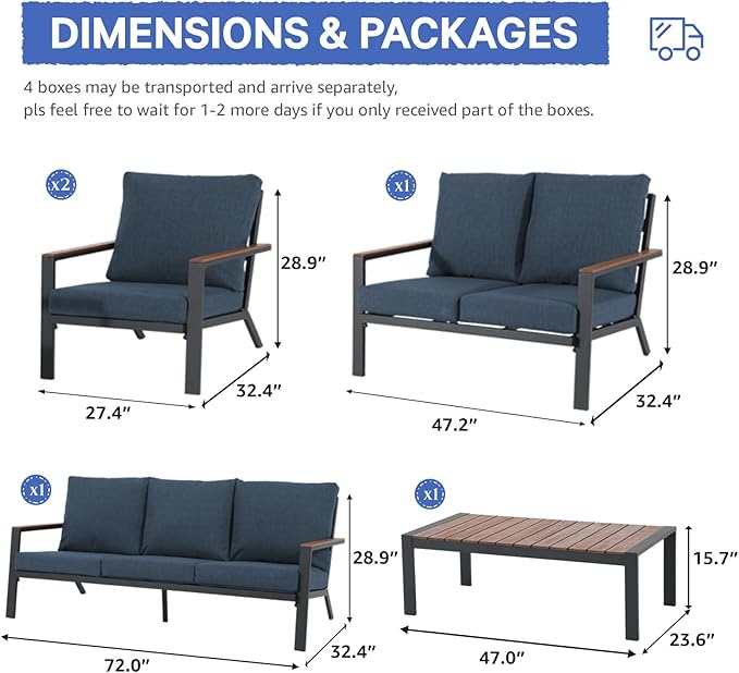 Soleil Jardin Aluminum Patio Furniture Set with FSC Certified Solid Wood Top Armrest & Coffee Table, Outdoor Deep Seating Sectional Sofa, 5 Piece Conversation Sets w/Removable Cushion, Denim Blue