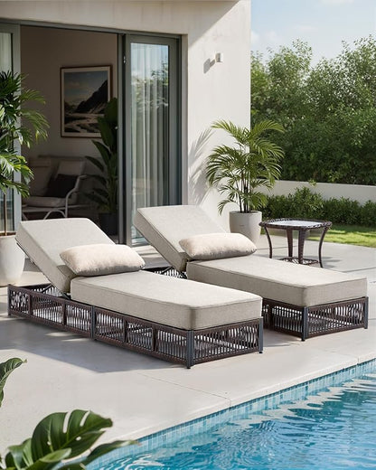 Luxury Outdoor Chaise Lounge Chairs of 2 with 5 Inch Thick Cushions and Side Table - 3 PCS High Back Brown Wicker Rattan Patio Recliners Lounger Furniture Set for Poolside Sunbathing - Beige