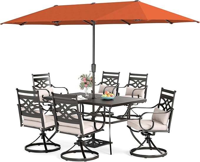 Sophia & William Swivel Patio Dining Set for 6 | 13ft Patio Umbrella Red | Removable Seat Cushions | Black 59" Patio Dining Table