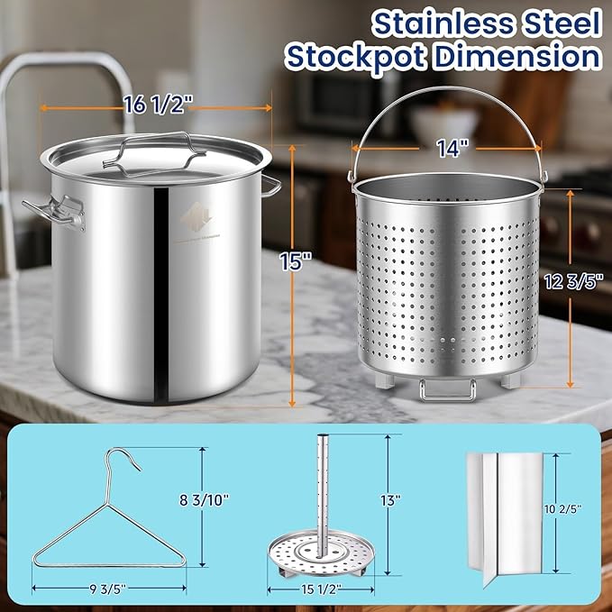 ARC 52QT Stainless Steel Stockpot With 200,000BTU Propane Burner, Seafood Boil Pot and Burner with Basket and Steamer Rack, Cookware for Crawfish Crab Shrimp Lobster Boil, Turkey Fryer, Tamale Steamer