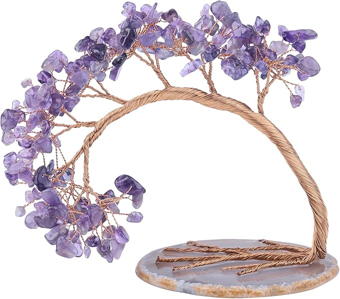 TUMBEELLUWA Reiki Crystal Money Tree with Agate Slice Base Feng Shui Stone Bonsai Tree Figure Decor for Happiness Good Luck and Wealth, Amethyst Stones