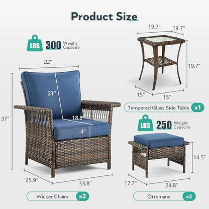 5 Pieces Wicker Patio Furniture Set - Hollow Widen Armrests Outdoor Rattan Chairs with Ottomans and Side Table, Small Patio Convention Set for Balcony Porch Deck and Yard - Brown/Blue