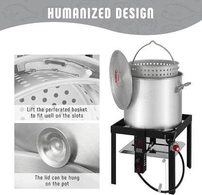 60 QT Aluminum Seafood Boil Pot with Basket and Burner, 100,000 BTU Propane Boiler with 10 PSI Regulator, Outdoor Fryer Kit for Seafood Boiling, CSA Certified
