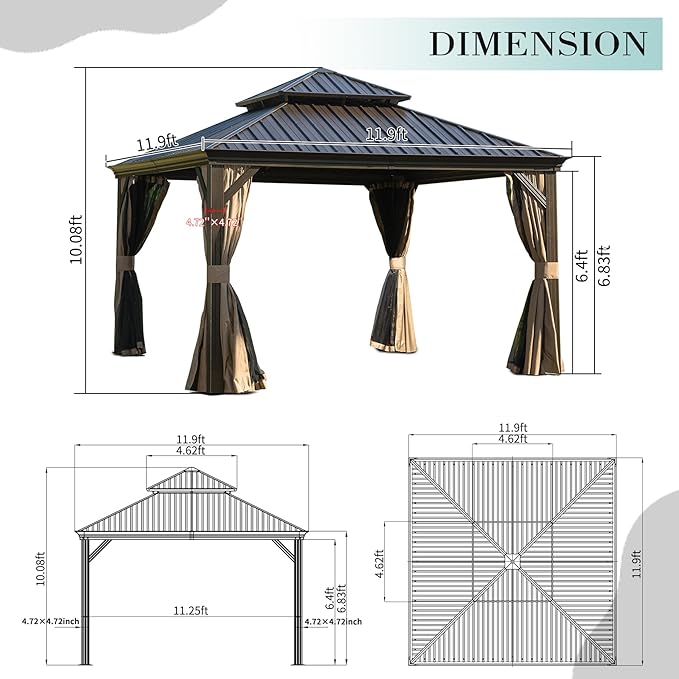 Domi Outdoor Living 12’ X 12’ Hardtop Gazebo, Outdoor Aluminum Frame Canopy with Galvanized Steel Double Roof, Outdoor Permanent Metal Pavilion with Curtains and Netting for Patio, Backyard and Lawn