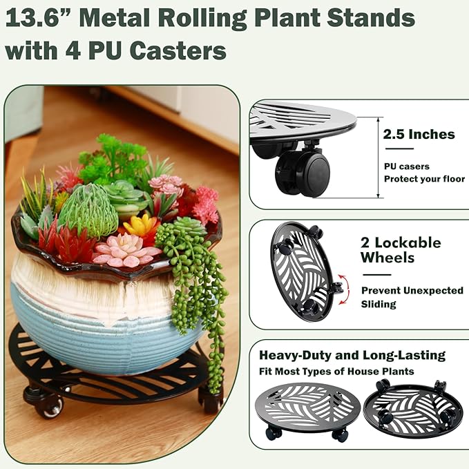 2 Packs Large Metal Plant Caddy with PU Wheels 13.6" Heavy-duty Wrought Iron Rolling Plant Stands Indoor Outdoor Wheeled Plant Dolly Planter Mover Rollers Plant, Leaf Style