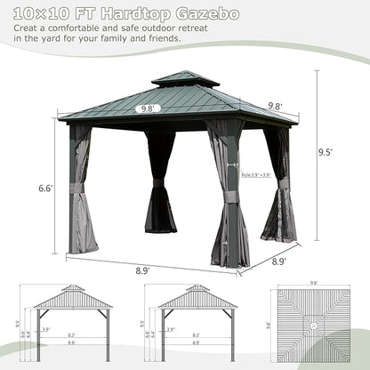 Domi 10' x 10' Hardtop Gazebo Outdoor Metal Gazebo with Galvanized Steel Double Roof Canopy, Curtains and Netting for Patio, Backyard, Deck, Lawn, Grey