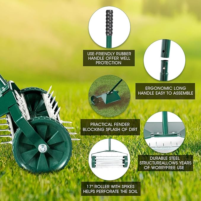 S AFSTAR Rolling Lawn Aerator with Fender, 18-Inch Hand-Push Lawn Aerator Roller W/50-Inch Anti-Slip Handle & Tine Spikes, Heavy-Duty Spike Soil Aeration Tool, Manual Lawn Aerator for Dirt Sand Clay