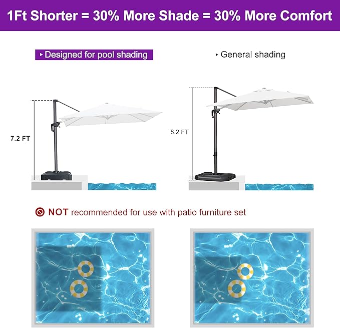 PURPLE LEAF 8' X 8' Patio Umbrella with Base for Pool 7' High Offset Outdoor Cantilever Umbrella Swimming Pool Umbrella with 360°Rotation for Poolside White