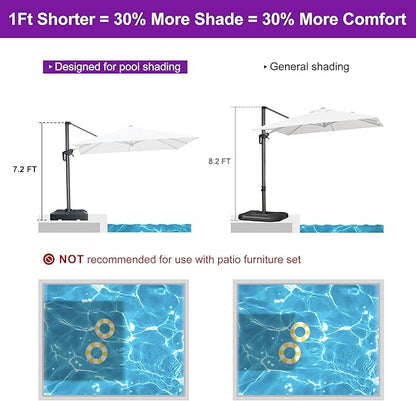 PURPLE LEAF 8' X 8' Patio Umbrella with Base for Pool 7' High Offset Outdoor Cantilever Umbrella Swimming Pool Umbrella with 360°Rotation for Poolside White