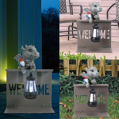 Bshine Dinosaur Garden Statue Outdoor Decor Solar Lights, Dinosaur Sculpture with Gnome Fence Hanging Solar Lantern, Housewarming Gift for Lawn Ornaments, Porch, Patio, Path, Backyard Decoration