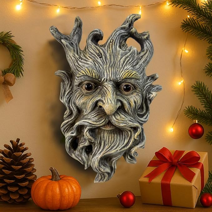 Mustache Tree Face Sculpture, Funny Mustache Old Man Tree Hugger Statue, Indoor & Outdoor Creative Props for Garden and Home,9" x 7" x 2.4"