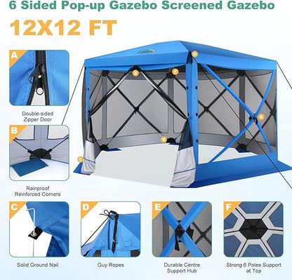 COBIZI 12x12 Pop up Gazebo Screen House Tent for Camping, Outdoor Canopy with Removable Roof & Mosquito Netting, Portable Hub with Carrying Bag and Ground Stakes, Blue