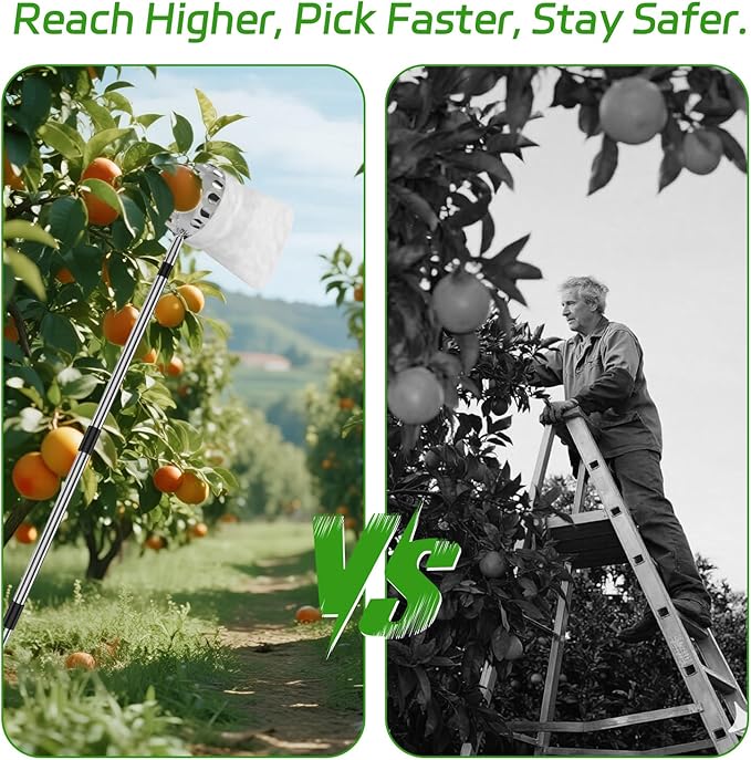13.8 FT Fruit Picker Tool with Stainless Steel Pole & Soft Basket – Adjustable Tree Fruit Harvester for Apple, Mango, Avocado, Orange, Pear, Lemon & More – Lightweight & Rust-Resistant