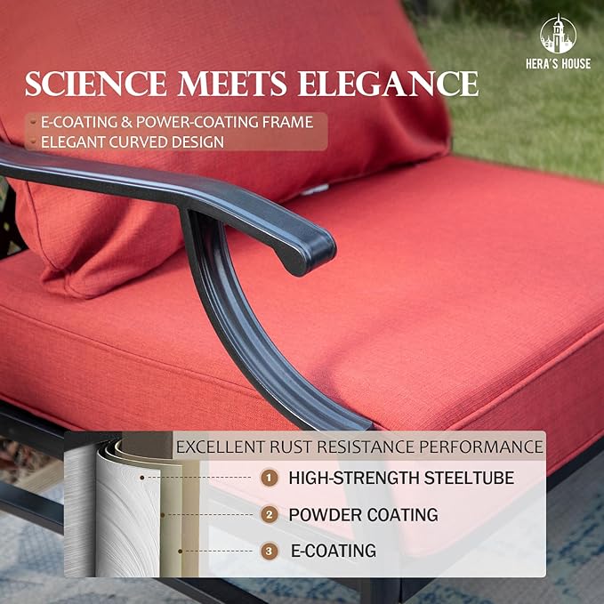 HERA'S HOUSE 4 Piece Patio Furniture Set, 2 x Metal Frame Cushioned Chair, 3-Seat Sofa with Marbling Coffee Table, All Weahter Outdoor Conversation Set for Lawn Garden Backyard, Red