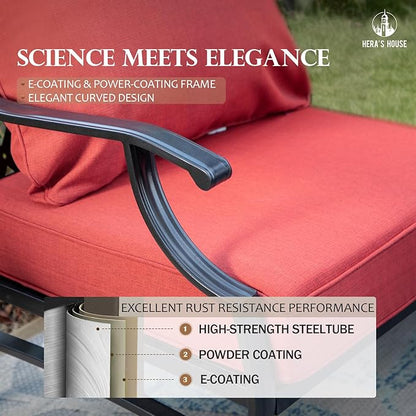 HERA'S HOUSE 4 Piece Patio Furniture Set, 2 x Swivel Cushioned Chair, 3-Seat Sofa with Marbling Coffee Table, All Weather Outdoor Conversation Set for Lawn Garden Backyard, Red