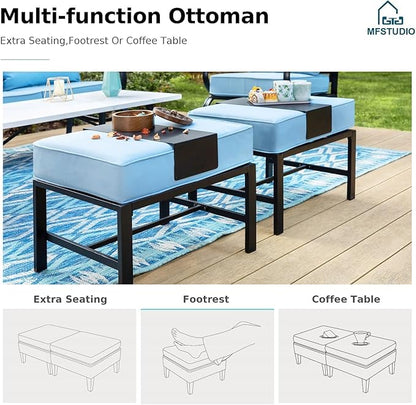 MFSTUDIO 5 Pieces Patio Conversation Sets,Outdoor Metal Furniture Sofas with 1 x 3-Seat Sofa, 2 x Sofa Chairs,2 x Ottoman,Wrought Iron Frame with Blue Cushion for Patio Courtyard Balcony