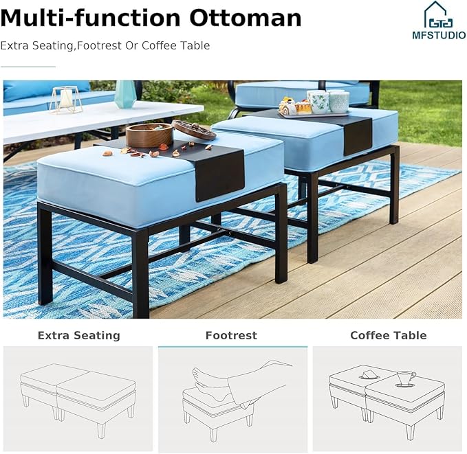MFSTUDIO 5 Pieces Patio Conversation Sets,Outdoor Metal Furniture Sofas with 1 x 3-Seat Sofa, 2 x Swivel Chairs,2 x Ottoman,Wrought Iron Frame with Blue Cushion for Patio Courtyard Balcony