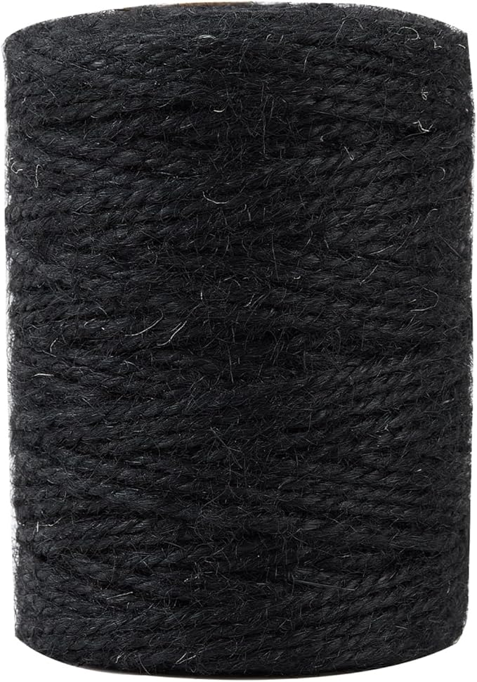 3mm 328 Feet Black Natural Jute Twine, for Crafts Gift, Craft Projects, Wrapping, Bundling, Packing, Holiday Packaging Twine, Gardening and More, Jute Rope to Use Around The House and Garden