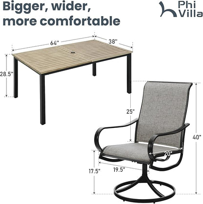 PHI VILLA Patio Dining Table and Chairs, 6 Swivel Dining Chairs with Armrest, Brown Metal Slat Table Top with 1.6" Umbrella Hole, Rustproof E-Coating for All Weather