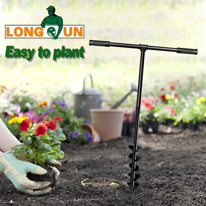 LONGRUN Hand Drill Auger Post Hole Digger, Manual Garden Hole Digging Drill Bit for Planting, Spiral Drill Planter for Bulb, Flower, Tree, Seedlings, Bedding Plants, Umbrella, Fence Holes-4"x 38"