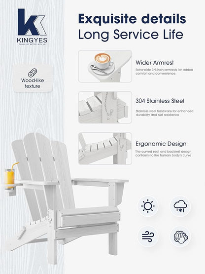 KINGYES Folding Adirondack Chair Set of 8, HDPE All-Weather Patio Chairs with Cup Holder, Wooden Textured Fire Pit Chairs for Poolside, Backyard, Deck, White