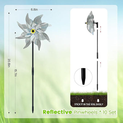 10 PCS Reflective Pinwheels for Yard and Garden Bird Devices Pre-Installed Sparkly Wind Spinner Deterrent to Scare Birds Away from Yard Patio Farm (Silver)