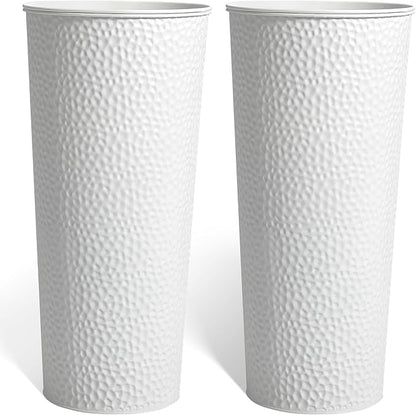 KOL 28" H. Tall Metal Cone Planters with Inner Pots 2-Pack, White Hand-Hammered Large Decor Planter for Deck, Patio, Porch - Handcrafted Flower Pot - with Water Level Indicator - Indoor Outdoor Use