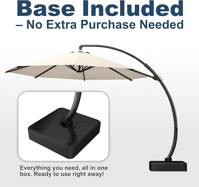 11FT Cantilever Umbrella with Base Large Curvy Outdoor Aluminum Offset Umbrella w/ 360° Rotation, UV Resistant Canopy for Patio, Garden, Backyard, Beige