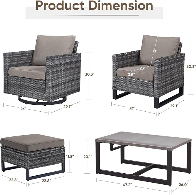 Wicker Furniture Set: 7 Piece Outdoor Furniture Set with 2 Swivel Chairs, 2 Club Chairs, Coffee Table and 2 Ottomans - Grey/Grey