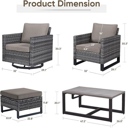 Wicker Furniture Set: 7 Piece Outdoor Furniture Set with 2 Swivel Chairs, 2 Club Chairs, Coffee Table and 2 Ottomans - Grey/Grey