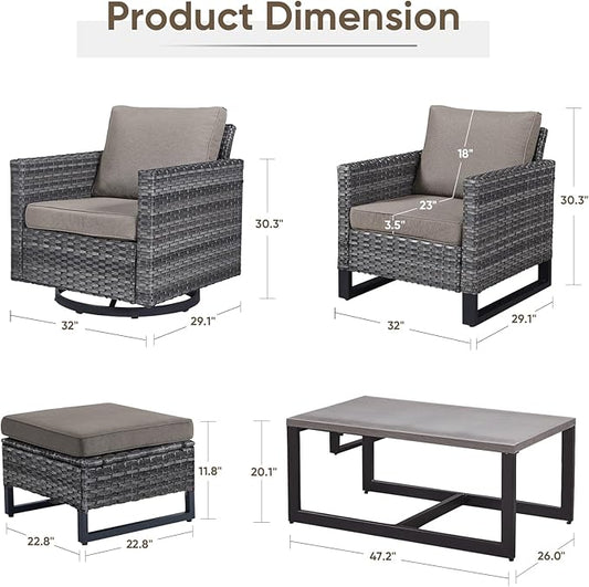 Wicker Furniture Set: 7 Piece Outdoor Furniture Set with 2 Swivel Chairs, 2 Club Chairs, Coffee Table and 2 Ottomans - Grey/Grey