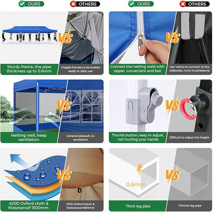 COBIZI 10x30 Heavy Duty Pop Up Canopy with 8 Mosquito Netting Wall, Easy Set Up Commercial Gazebo Party Tent, Outdoor Instant Screen Canopy for Backyard, Patio, Garden, Dark Blue