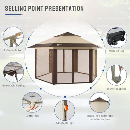 CROWN SHADES 13x13 Pop up Gazebo with Mosquito Nettings, Patented Center Lock 6-Sided Portable Gazebo, 300D Silver-Coated Fabric UV Resistant, Pop Up Canopy Tent for Patio, Party, Beige&Coffee